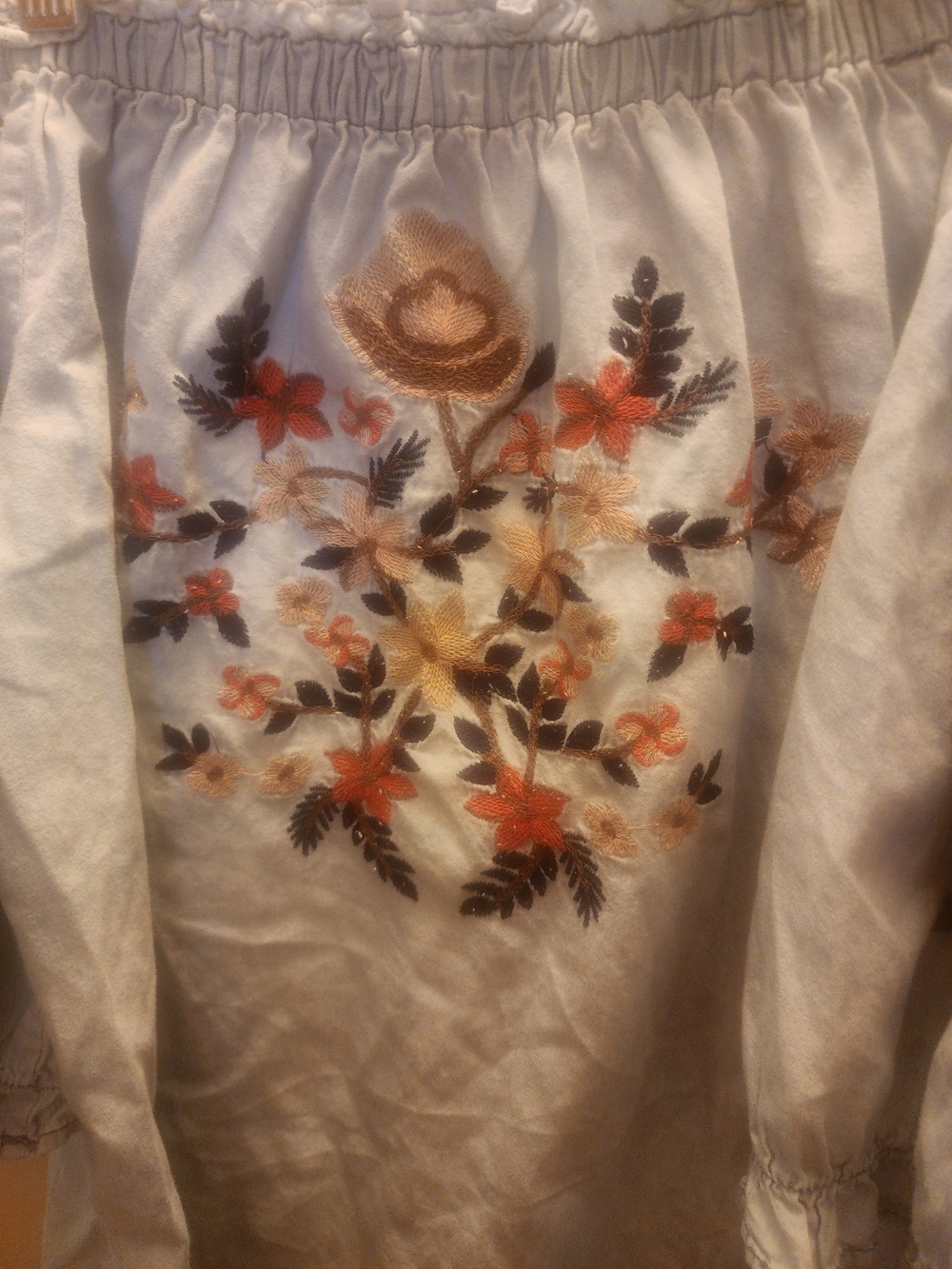 Embroidered Off-White Women's Peasant Top - Floral Detail